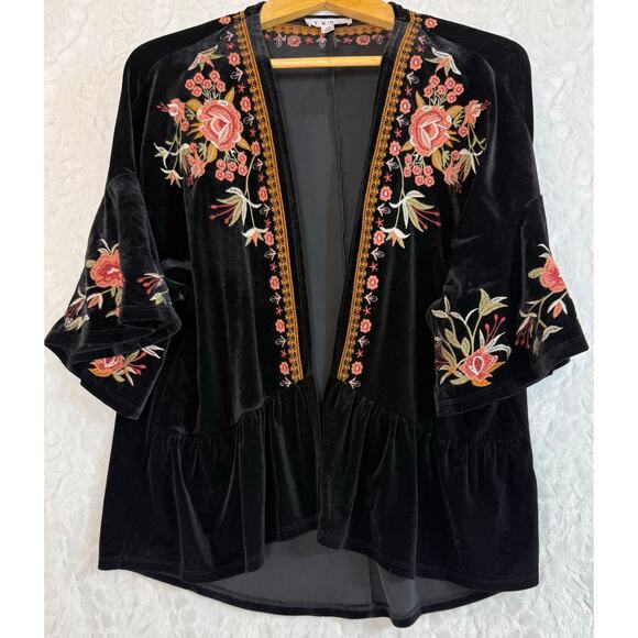 THML Black Velvet Floral Embroidered Kimono Bolero Boho Open Jacket Stretchy XS* - Picture 1 of 10